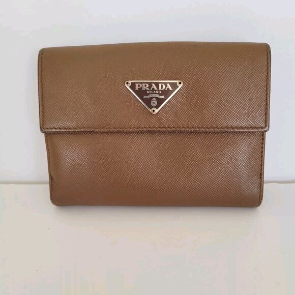 PRADA Leather Logo Wallet Small Bifold Brown Saffiano Compact Card Bill Coin - Picture 2 of 16